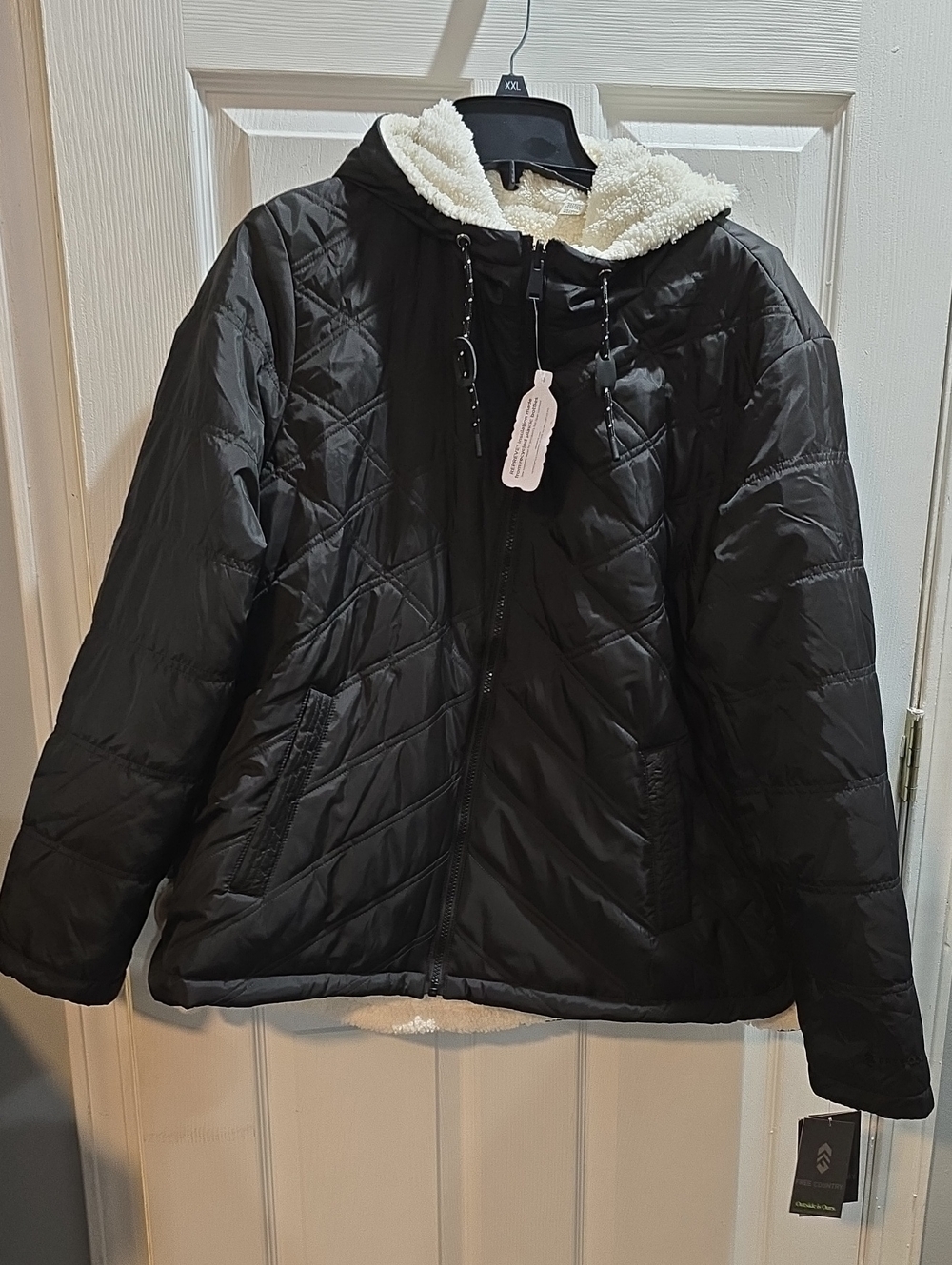 Free Country Black Quilted Hooded Jacket with Cream Sherpa Lining